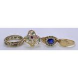 9CT GOLD RINGS (3) PLUS ONE OTHER - to include a small signet ring Size mid N-O, 2.1grms, red and