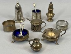 SILVER & SILVER PLATED CONDIMENT ITEMS & NAPKIN RINGS, five of the silver items with various