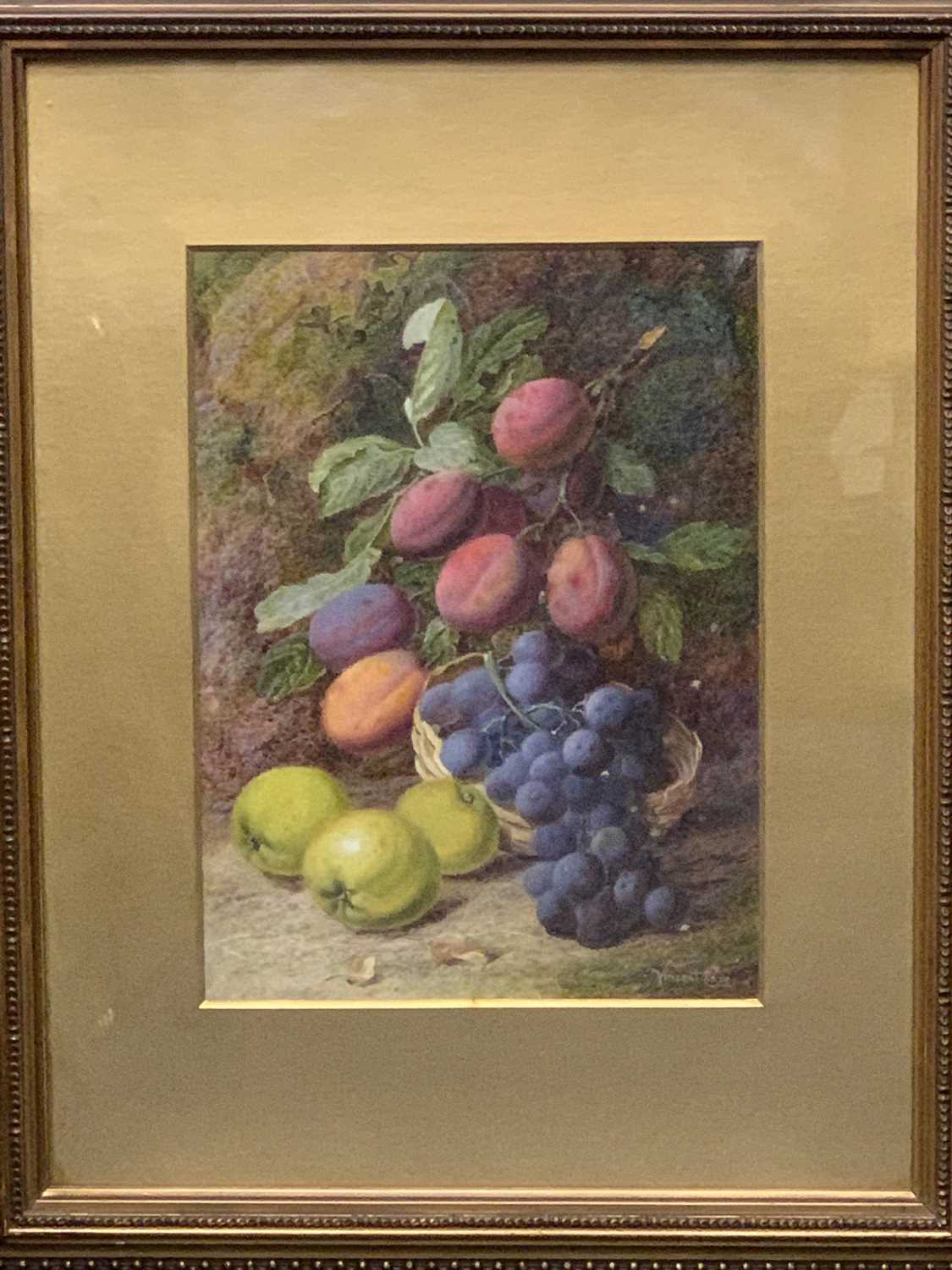 VINCENT CLARE watercolour - Still Life fruit, peaches, grapes and apples by a mossy bank, signed, 28 - Image 3 of 3