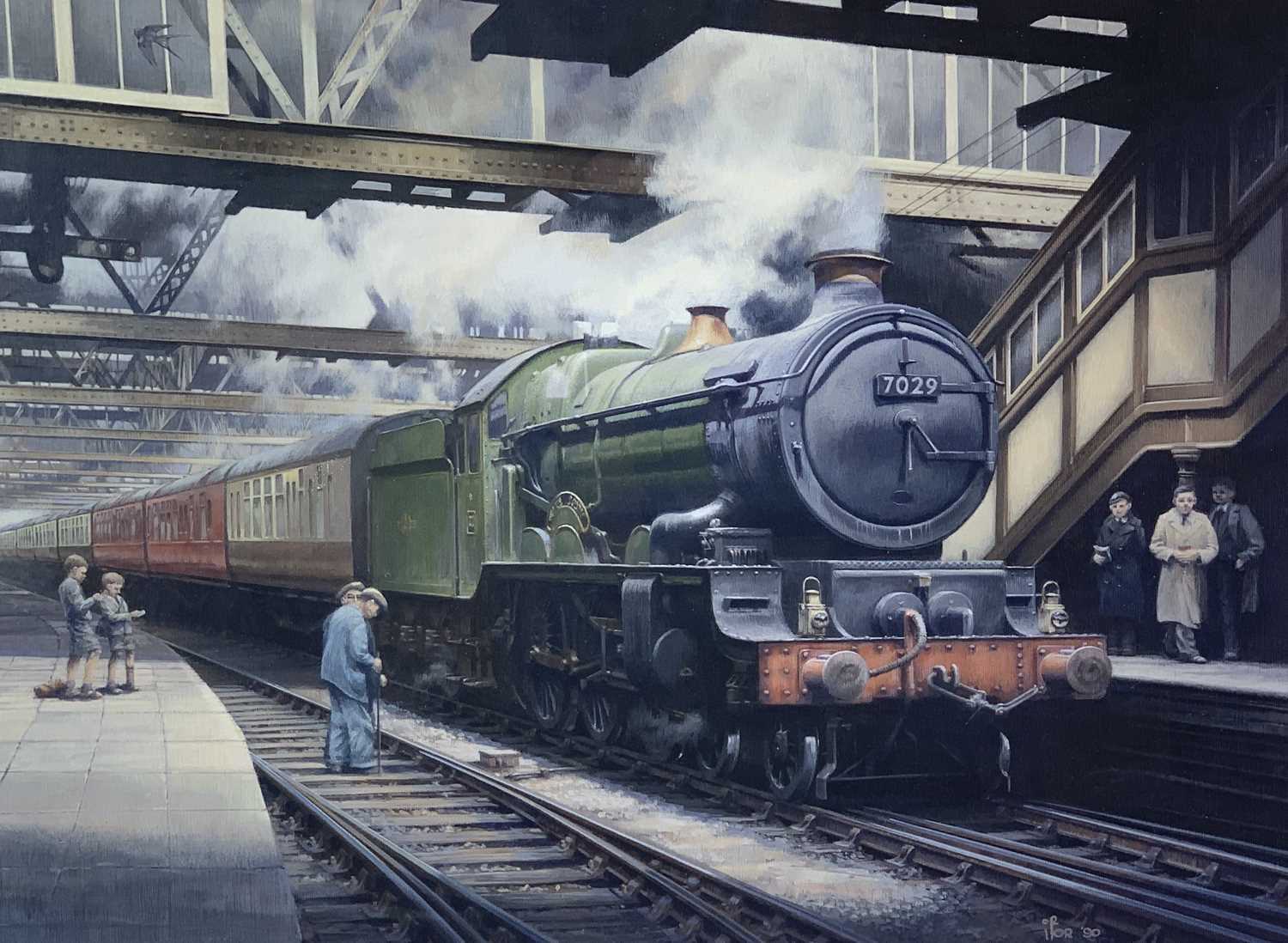 IFOR PRITCHARD large, coloured print - Great Western Locomotive No 7029 at a station with figures on