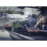 IFOR PRITCHARD large, coloured print - Great Western Locomotive No 7029 at a station with figures on