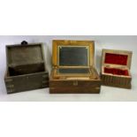 VICTORIAN BRASS BOUND WALNUT STATIONERY BOX, writing slope with tooled leather surface, 15cms H,