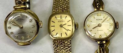 ROAMER 14CT GOLD LADY'S WRISTWATCH with integral strap and two other lady's wristwatches including a