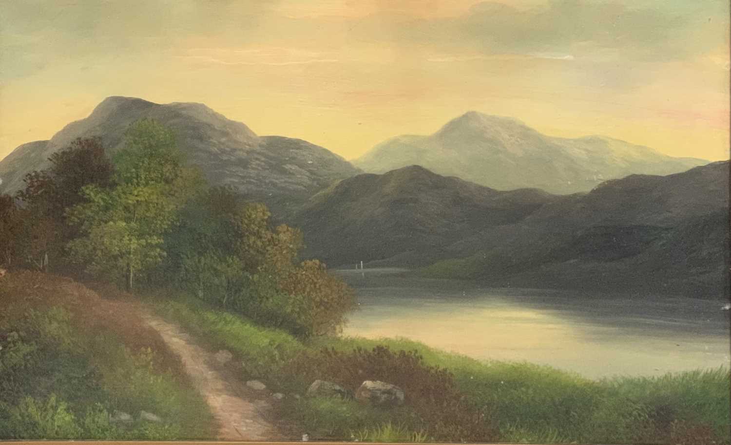 OILS ON CARD, A PAIR, late 19th/early 20th century - extensive lake landscapes, unsigned, 49.5 x - Image 3 of 3