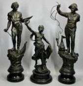 FRENCH SPELTER FIGURES - a late 19th Century pair, boat builders, on circular ebonised plinths,