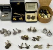 SILVER & OTHER GENTLEMAN'S CUFFLINKS, 11 PAIRS, stud buttons, tie pins, etc to include a disc pair