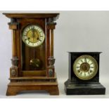 THE ANSONIA CLOCK COMPANY POLISHED SLATE MANTEL CLOCK - cream dial with black Roman numerals and