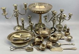 MIXED EPNS WARE to include a five piece tea service, three table candelabras, candlesticks and a