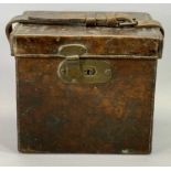 19TH CENTURY LEATHER CARTRIDGE CASE - with brass clasp, leather strap with brass buckle, 23cms H,