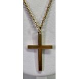 9CT GOLD CROSS ON A CURB LINK NECKLACE - stamped '9-375' and '9ct' respectively, 27.5cms overall