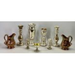 MERCURY GLASS WARE GROUP & TWO COPPER LUSTRE JUGS, vase 31cms H, pair of candlestick, 28.5cms H,