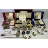 BOXED CUTLERY - two sets of 6 fish knives and forks, 3 x ladles, cut glass open salt with silver