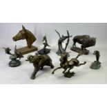 MODERN PATINATED BRONZE GROUPS OF LEAPING DOLPHIN (4), the tallest 20cms H, a bronze figure of a
