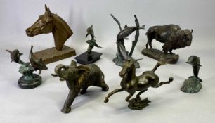 MODERN PATINATED BRONZE GROUPS OF LEAPING DOLPHIN (4), the tallest 20cms H, a bronze figure of a