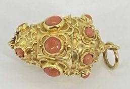 UNTESTED - BELIEVED 9CT GOLD CORAL MOUNTED PENDANT FOB - encrusted with ball and rope decoration,