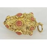 UNTESTED - BELIEVED 9CT GOLD CORAL MOUNTED PENDANT FOB - encrusted with ball and rope decoration,