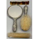 SILVER 4 PIECE DRESSING TABLE HAND MIRROR, BRUSH & COMB SET - cased, Birmingham 1955, Maker W I