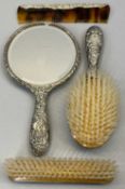 SILVER 4 PIECE DRESSING TABLE HAND MIRROR, BRUSH & COMB SET - cased, Birmingham 1955, Maker W I