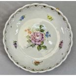 DRESDEN FLORAL ENCRUSTED CHINA - 20th Century, inkwell of Rococo form, 16 x 15cms, circular bowl,