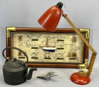 MODERN FRAMED & GLAZED DIORAMA SHIP'S TACKLE, 30 x 60cms, a retro anglepoise type lamp with red