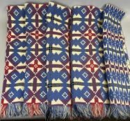TRADITIONAL WELSH WOOLLEN BLANKET - tassel ends, ground blue and cream with red and purple, 228 x