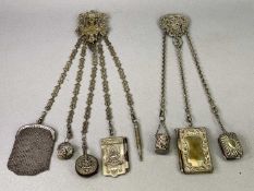 VICTORIAN EPNS/WHITE METAL CHATELAINES to include a five chain example with various attachments