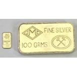 SILVER BULLION INGOTS (2) - one stamped '100grms fine silver', guaranteed by Johnson Matthey,