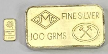 SILVER BULLION INGOTS (2) - one stamped '100grms fine silver', guaranteed by Johnson Matthey,