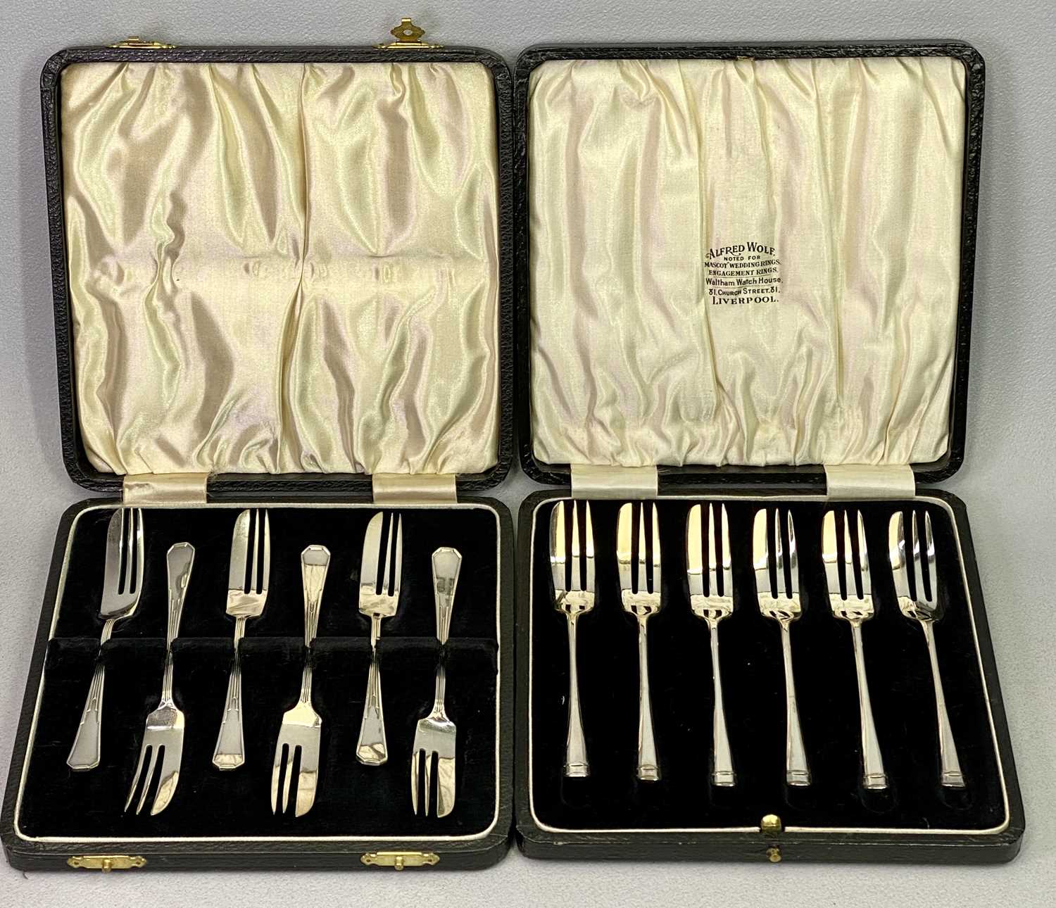 CASED SETS OF 6 SILVER PASTRY FORKS (2) - Birmingham 1929, Maker E Edmonds and Sheffield 1934