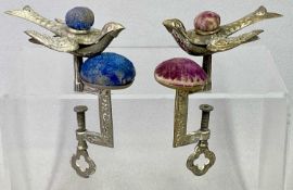 VICTORIAN SILVER PLATED BRASS & WHITE METAL SEWING BIRD CLAMPS (2) - both having embossed decorative
