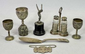 SILVER & WHITE METAL COLLECTABLES - 7 items to include a diving man trophy stamped 'W M F', 12cms H,