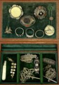 VICTORIAN & LATER SILVER & WHITE METAL JEWELLERY - a watch chain, three rings, named brooches,