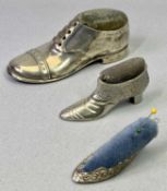 SHOE & BOOT FORM VINTAGE PIN CUSHIONS - to include a large Chester silver example, 1912, Maker S