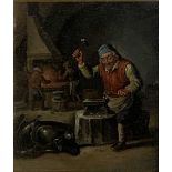 UNSIGNED oil on board (behind glass) Dutch School - a cobbler at work, 20 x 16cms
