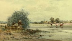 CRESWICK BOYDELL RCA 1861 - 1919 watercolour - cattle watering in extensive landscape with tree to