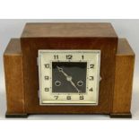 ART DECO OAK CASED MANTEL CLOCK - stepped top, square dial with Arabic numerals and chrome bezel,