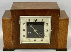 ART DECO OAK CASED MANTEL CLOCK - stepped top, square dial with Arabic numerals and chrome bezel,