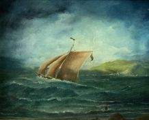 OIL ON BOARD - sailing ship offshore in stormy seas, 35 x 45cms