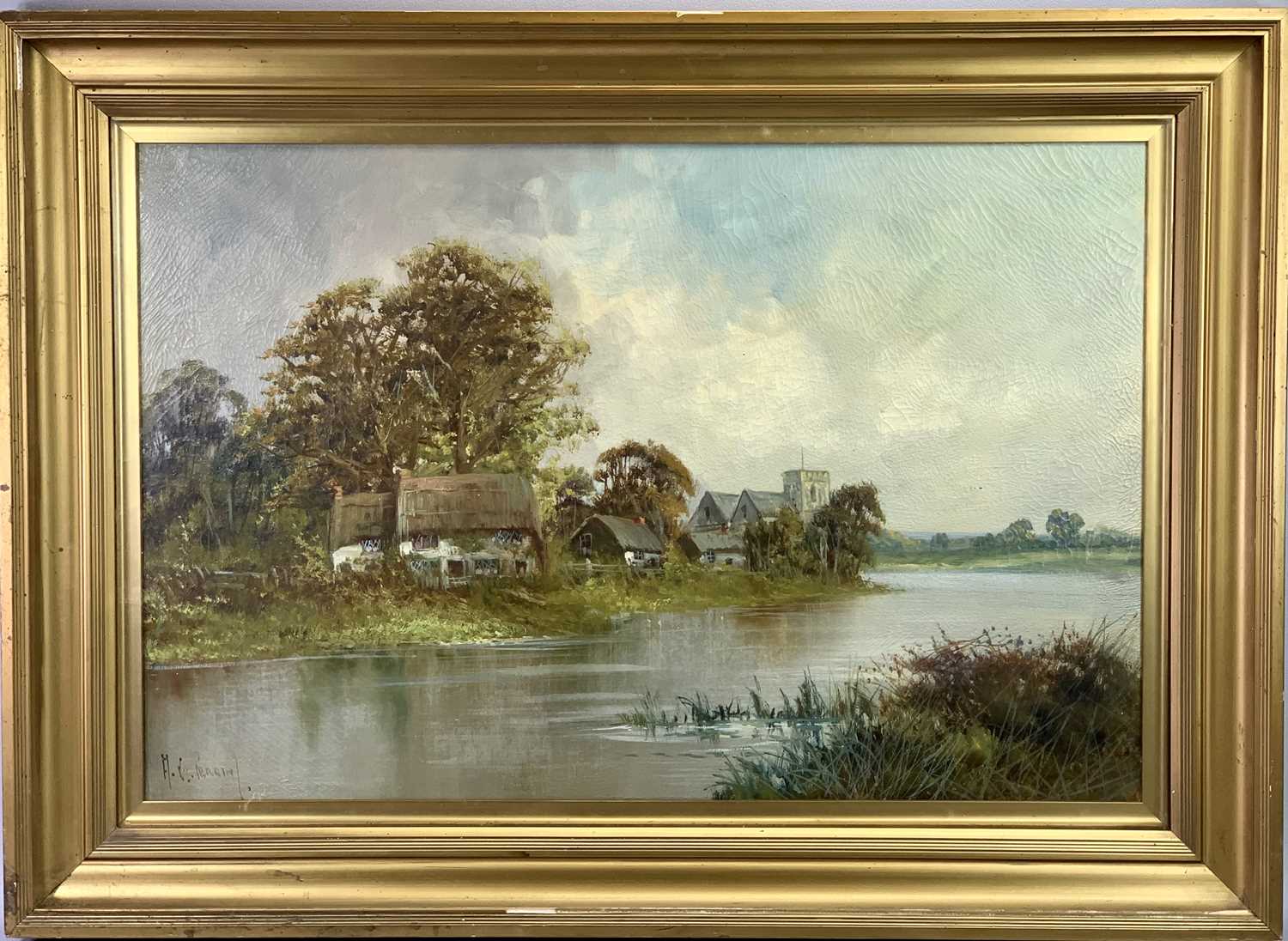 A PERRIN British late 19th century oil on canvas titled verso - Near Maple Durham on Thames,
