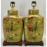 DECORATIVE MODERN TABLE LAMPS, A PAIR - shaped as tea cannisters and decorated with exotic birds and