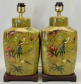 DECORATIVE MODERN TABLE LAMPS, A PAIR - shaped as tea cannisters and decorated with exotic birds and