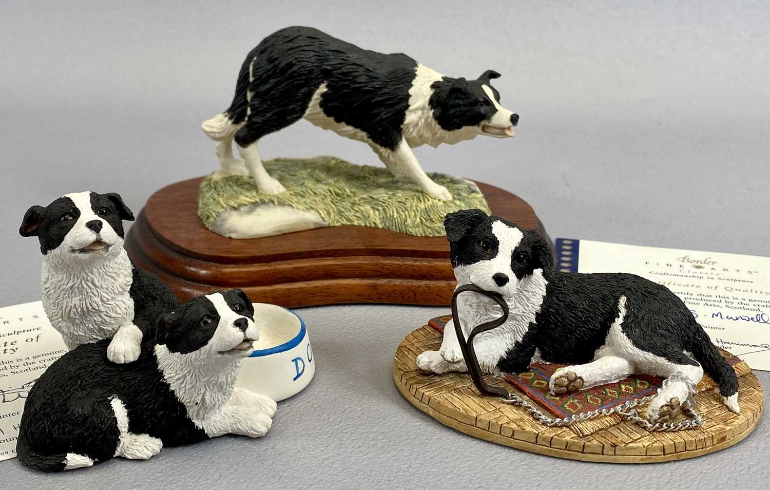 BORDER FINE ARTS FIGURES (3) - 'Sweep', JH58, signed J A Butler, on wooden stand, 9cms H, 'Walkies',