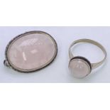 OVAL SILVER FRAMED BROOCH with large cabochon pink milky citrine, 6.4grms gross, and a similar