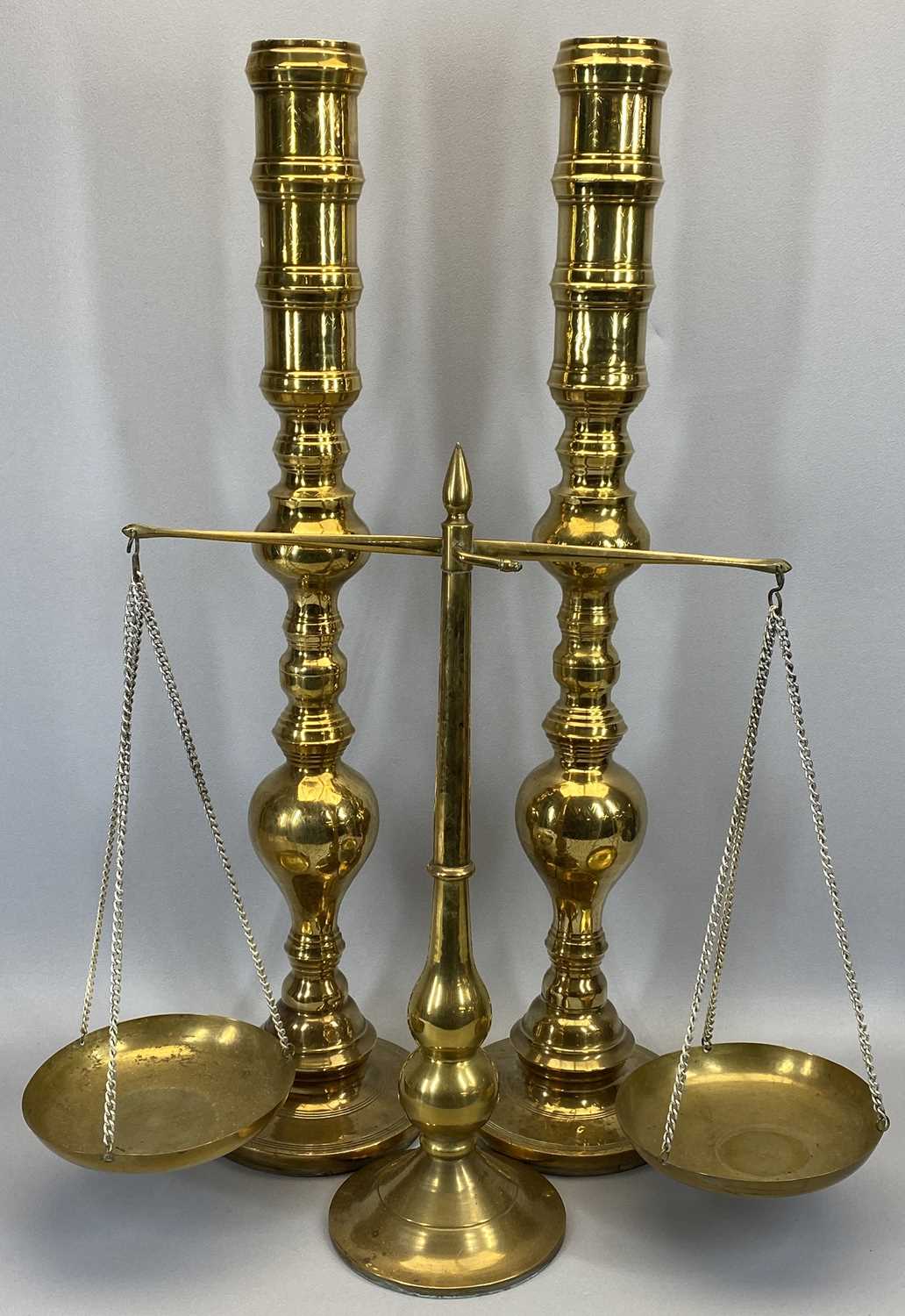 TALL BRASS CANDLESTICKS, A PAIR - 74cms H, brass pan scales, 52cms H, plated punch bowl with lion - Image 2 of 3