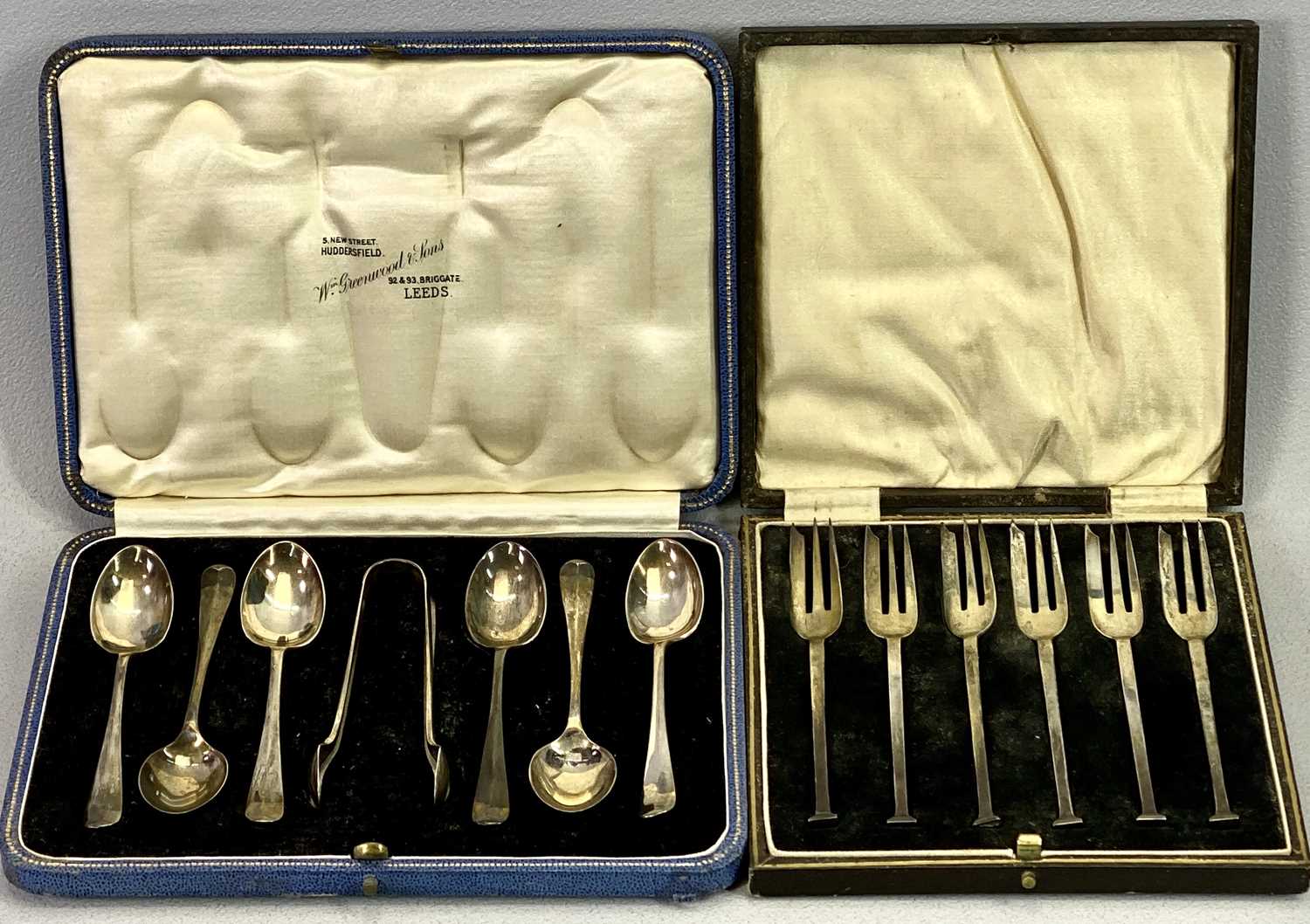 CASED CUTLERY, 2 SETS including a set of 6 teaspoons with sugar tongs, Sheffield 1930, Maker