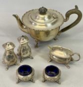 HALLMARKED SILVER TABLEWARE - 6 items to include a circular teapot on three hoof feet, Birmingham
