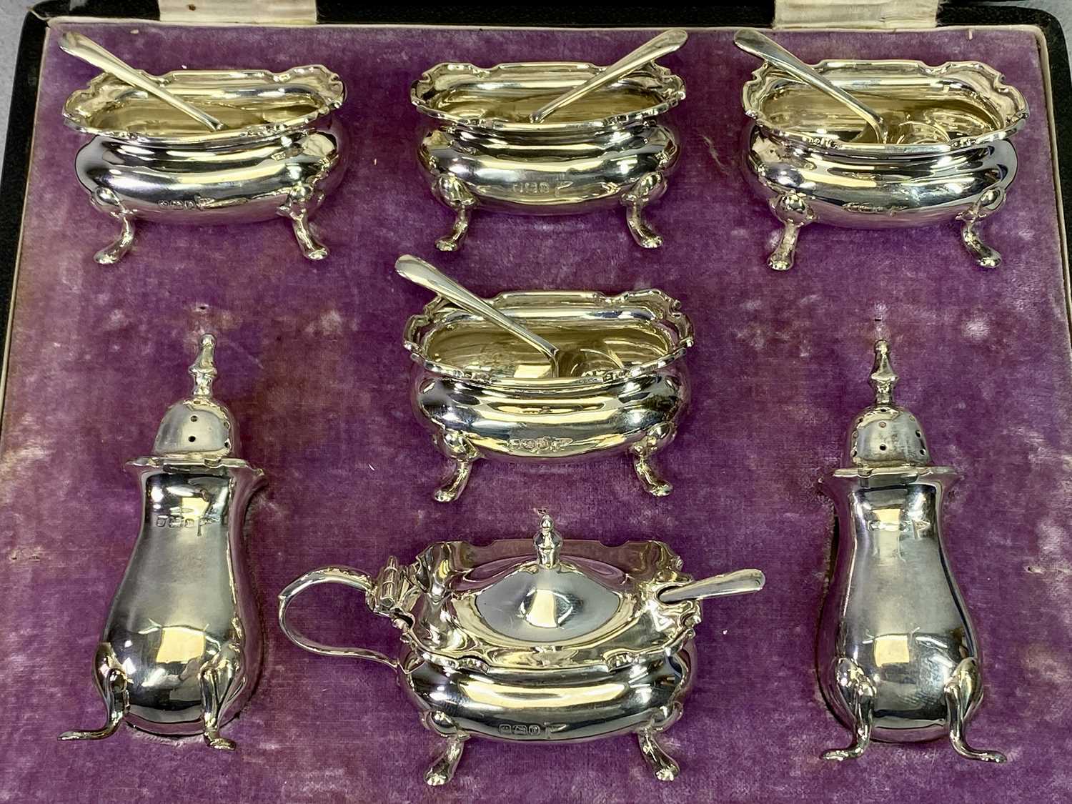 CASED 12 PIECE SILVER CONDIMENT SET - Sheffield 1913, Maker Walker & Hall, comprising four silver - Image 2 of 3