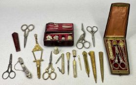 HALLMARKED SILVER & OTHER SEWING IMPLEMENTS - to include two cased etui, one in rosewood with