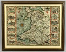 JOHN SPEED hand coloured engraved map - Wales with English text verso, the general description and