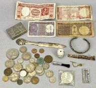 WHITE METAL, JEWELLERY, COINS & BANK NOTE COLLECTOR'S GROUP - to include a white metal book form